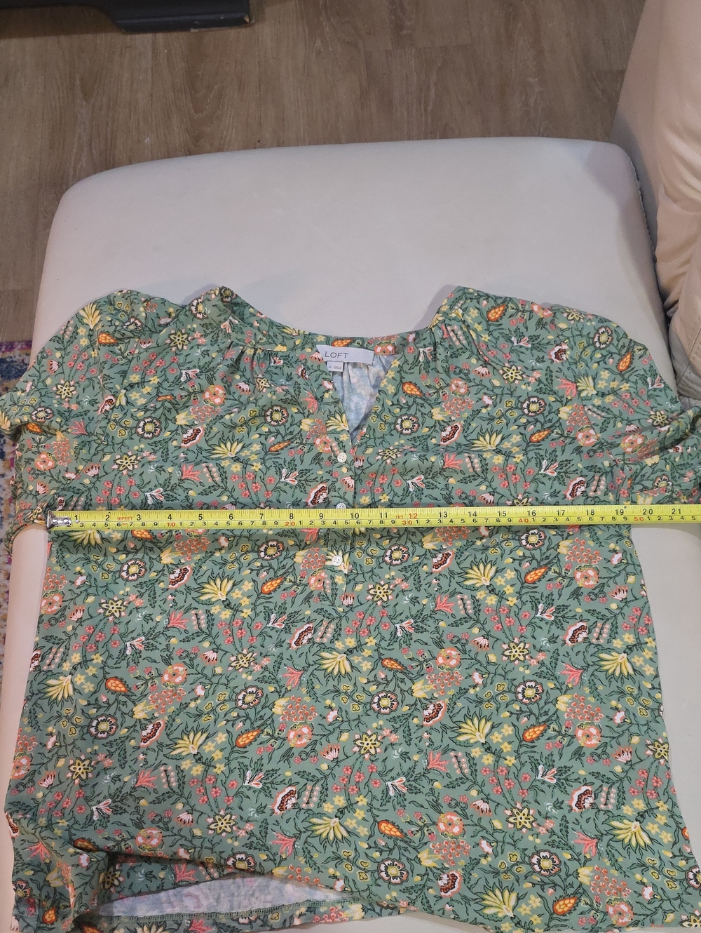 LOFT Garden Henley Mixed Media Long Sleeve Peasant Blouse Basil Sage Green Sz M - Picture 6 of 11